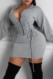 Aovica-Grey Fashion Casual Solid Bandage Hooded Collar Long Sleeve Plus Size Dresses