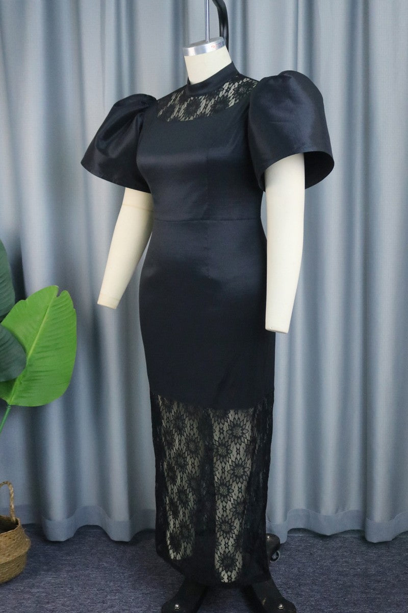 Black Casual Solid Patchwork Half A Turtleneck One Step Skirt Plus Size Dresses