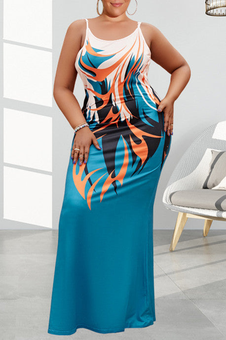 Aovica-Lake Blue Fashion Sexy Plus Size Print Backless Spaghetti Strap Long Dress
