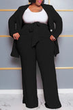 Aovica-Rose Red Casual Solid Cardigan Pants Turn-back Collar Plus Size Two Pieces