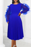 Aovica- Blue Casual Solid Patchwork Pleated O Neck Long Sleeve Dresses