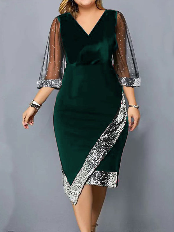 Aovica-Bodycon Wrap Contrast Color Mesh Sequined Split-Joint V-Neck Midi Dresses