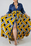 Aovica-Yellow Fashion Plus Size Print Patchwork Turndown Collar Short Sleeve Dress