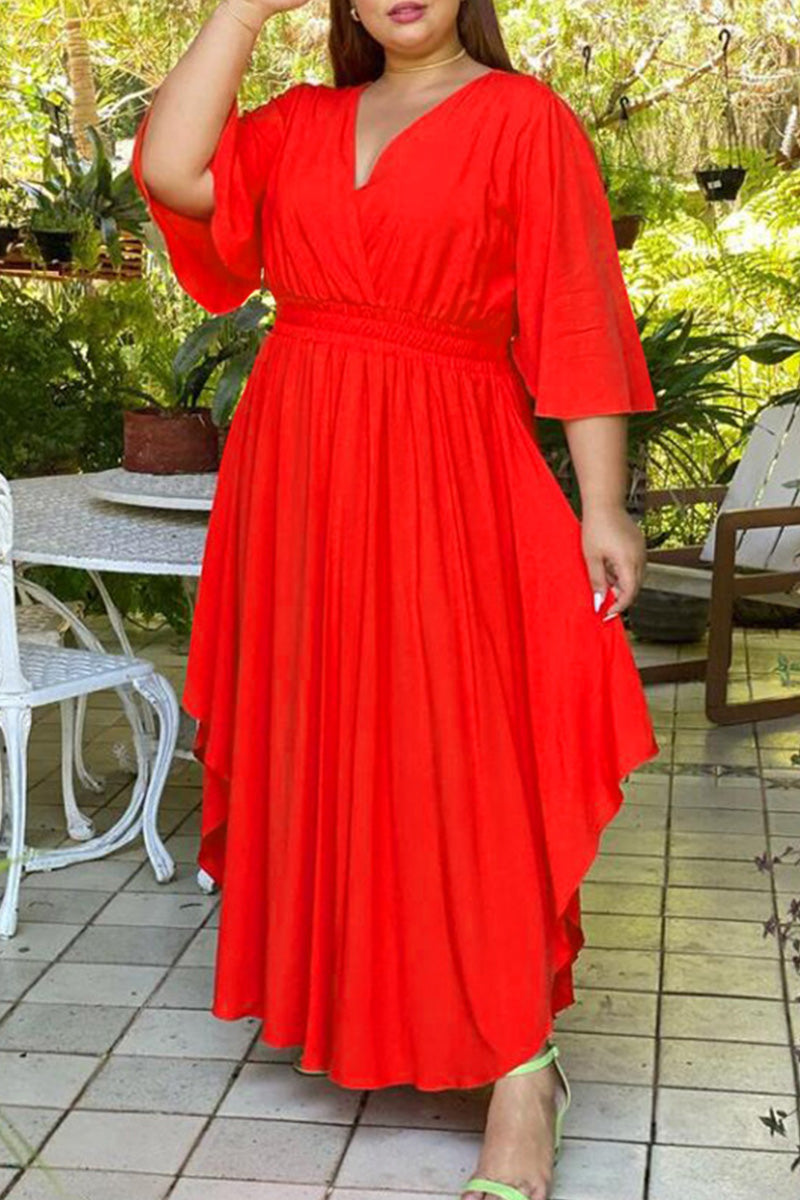 Aovica-Red Fashion Casual Plus Size Solid Basic V Neck Lantern Sleeve Long Dress