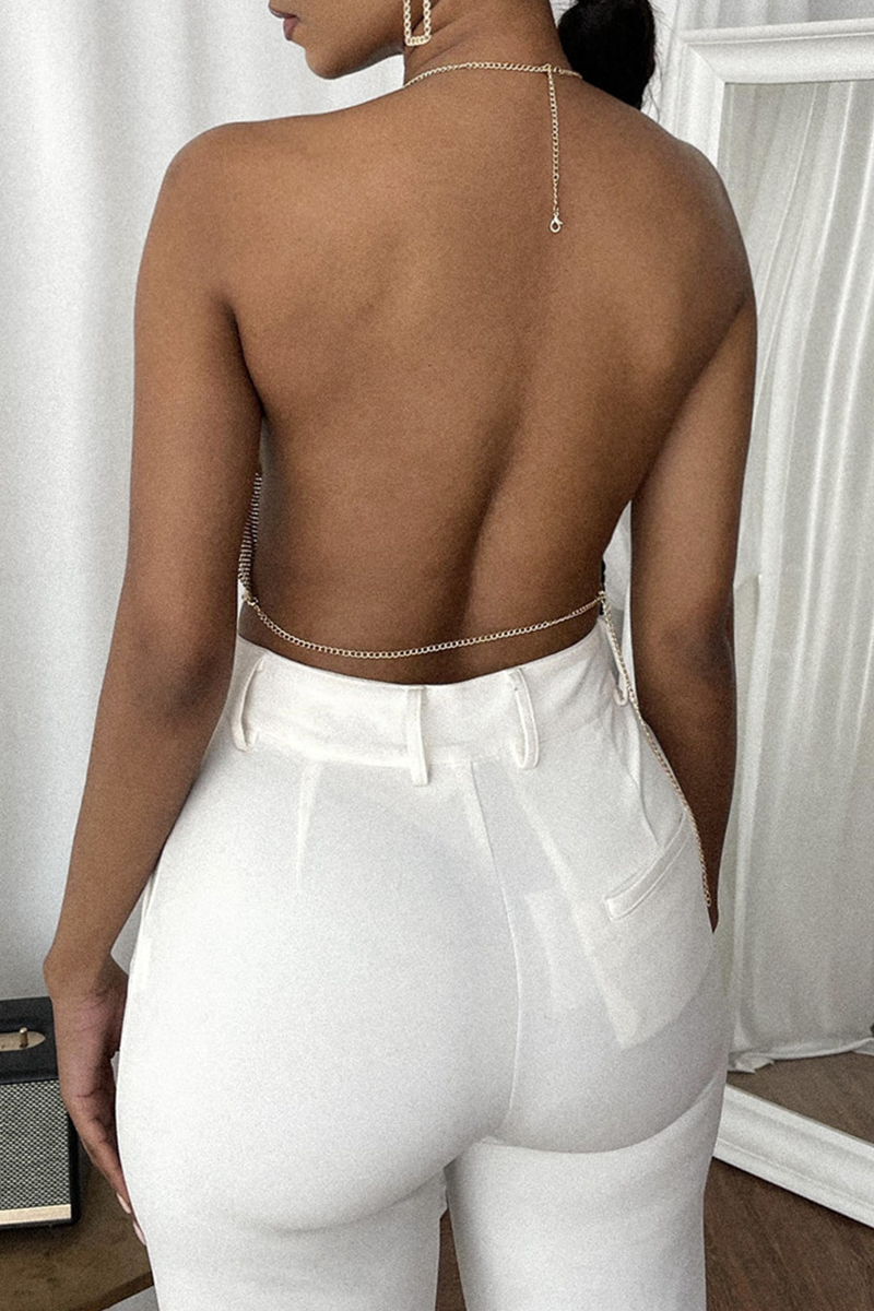 AOVICA-2024 Spring Summer Outfits  Gold Sexy Solid Backless Halter Tops