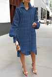 Blue Casual Solid Patchwork Shirt Collar Long Sleeve Plus Size Dresses