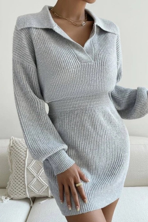 Aovica- Grey Casual Solid Patchwork Turndown Collar Long Sleeve Dresses