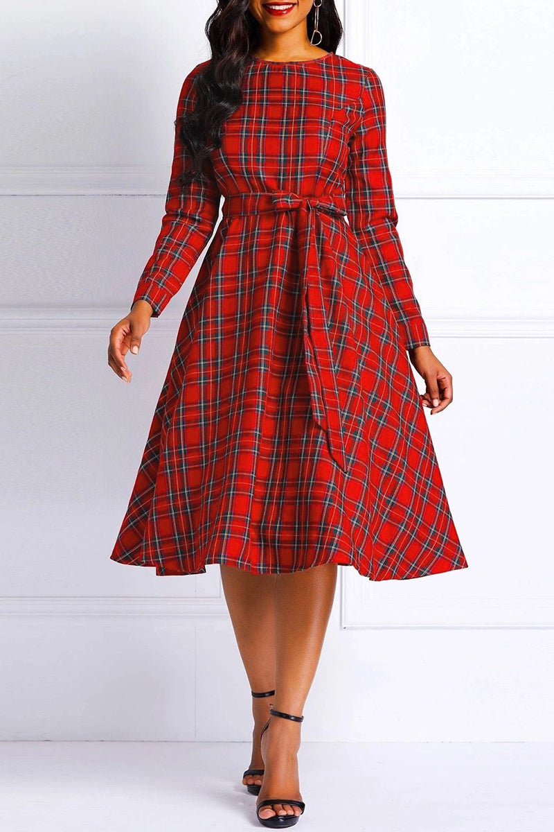 Red Casual Plaid Print Patchwork O Neck Long Sleeve Plus Size Dresses