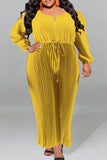 Black Plus Size Casual Solid Patchwork Draw String Zipper O Neck Plus Size Jumpsuits