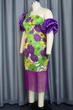 Purple Casual Print Tassel Patchwork Oblique Collar Wrapped Skirt Dresses (Subject To The Actual Object)