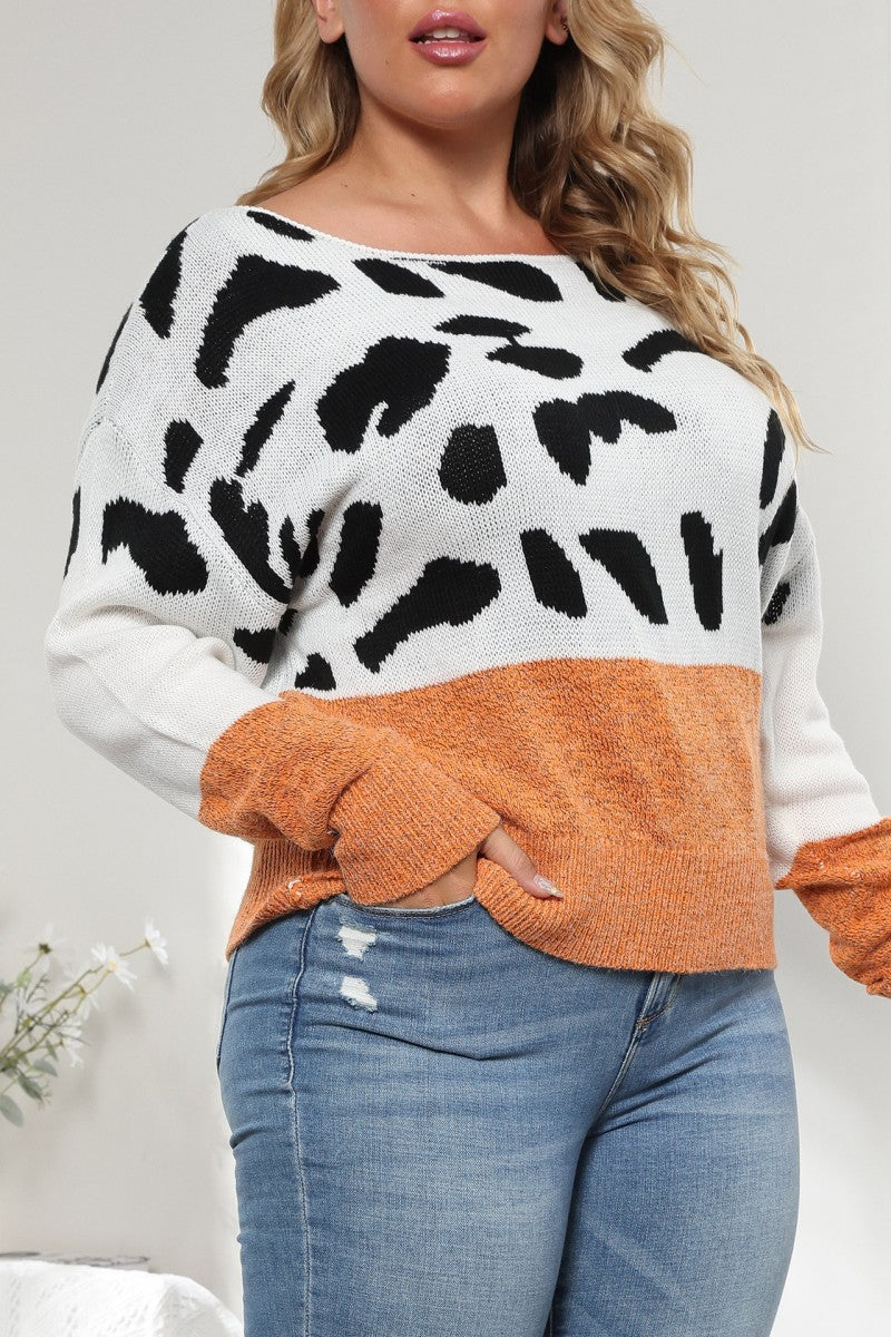 Orange Casual Leopard Patchwork O Neck Plus Size Tops