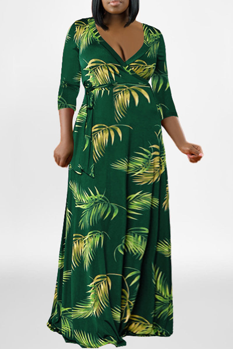 Aovica-Green Fashion Casual Plus Size Print Patchwork V Neck Long Dress