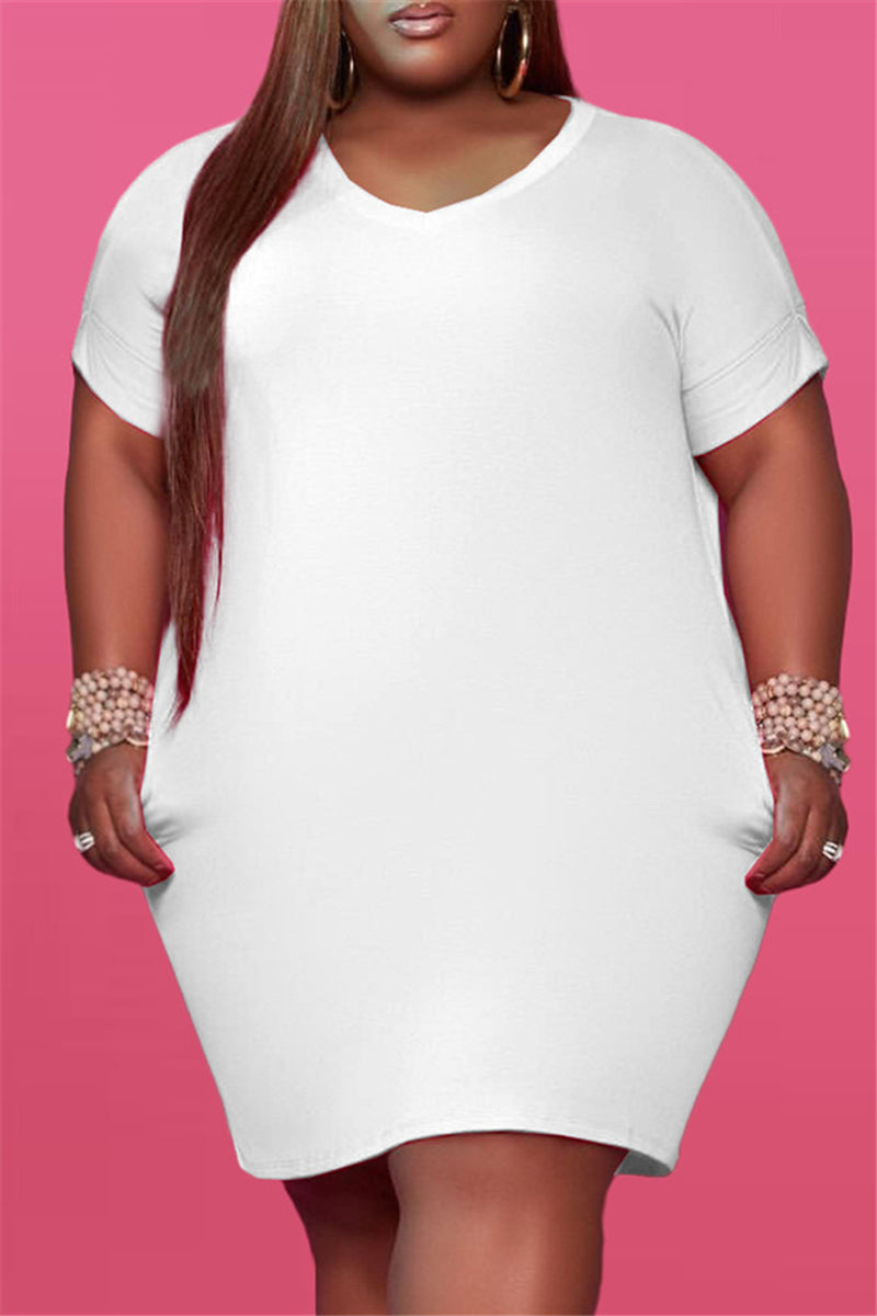 Aovica-White Fashion Casual Plus Size Solid Basic V Neck Short Sleeve Dress