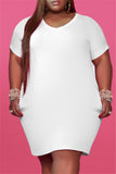 Aovica-White Fashion Casual Plus Size Solid Basic V Neck Short Sleeve Dress