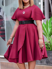 Aovica-Irregular Clipping Plus Size Belted Solid Color Round-Neck Midi Dresses