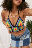 Aovica- Black Sexy Print Hollowed Out Patchwork Halter Tops