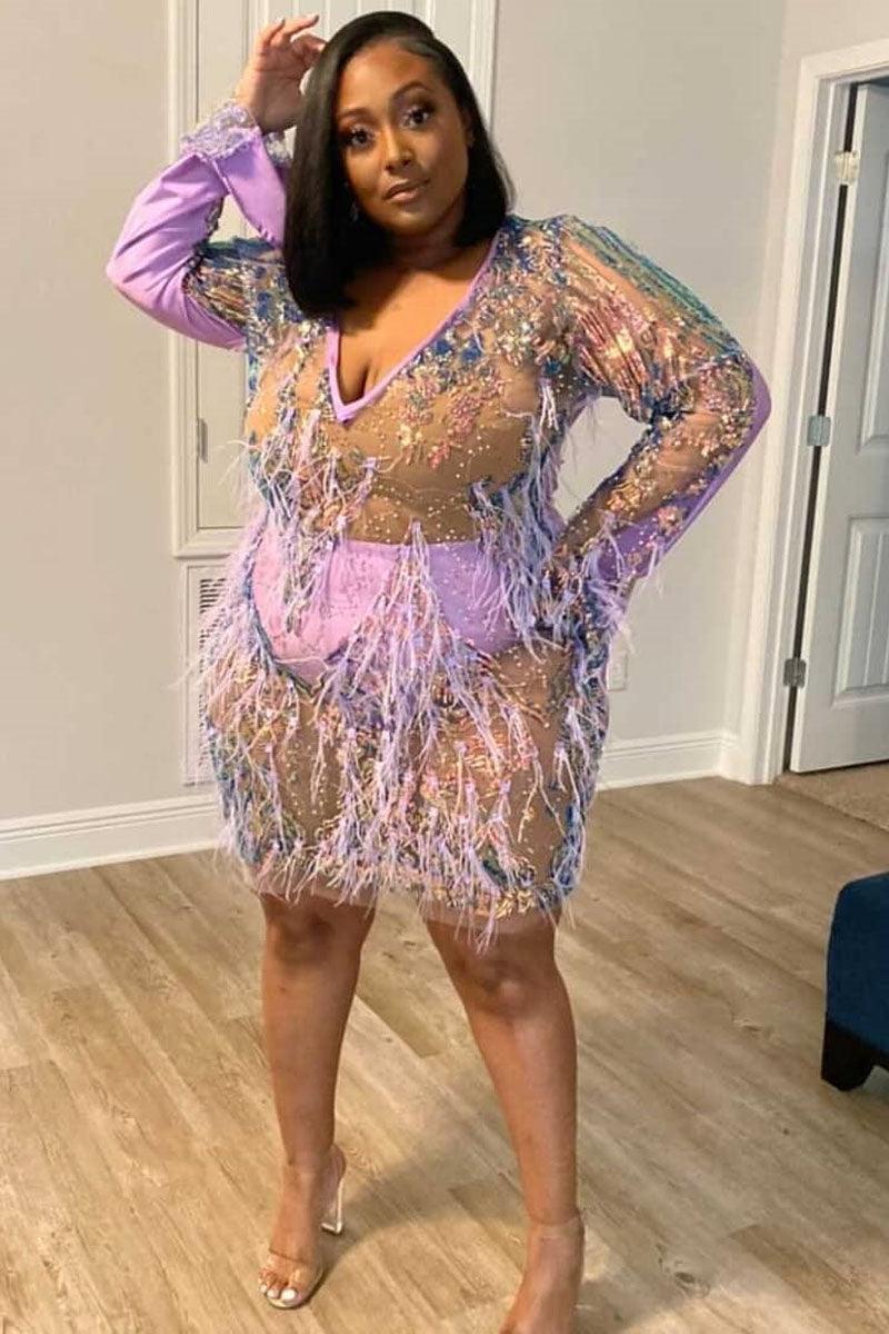 AOVICA-Plus Size Party See-through Feather Mini Dress(With Underpants)