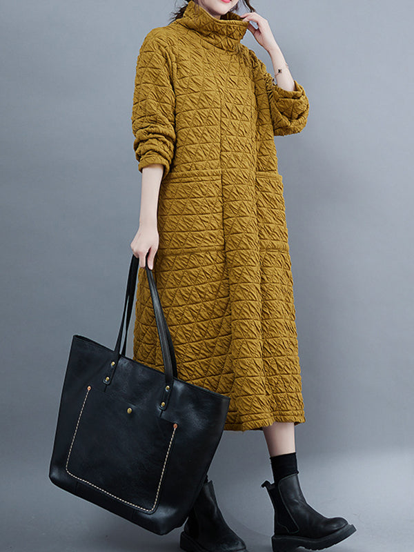 Aovica-Casual Long Sleeves Loose Solid Color Textured High-Neck Cotton Padded Midi Dresses