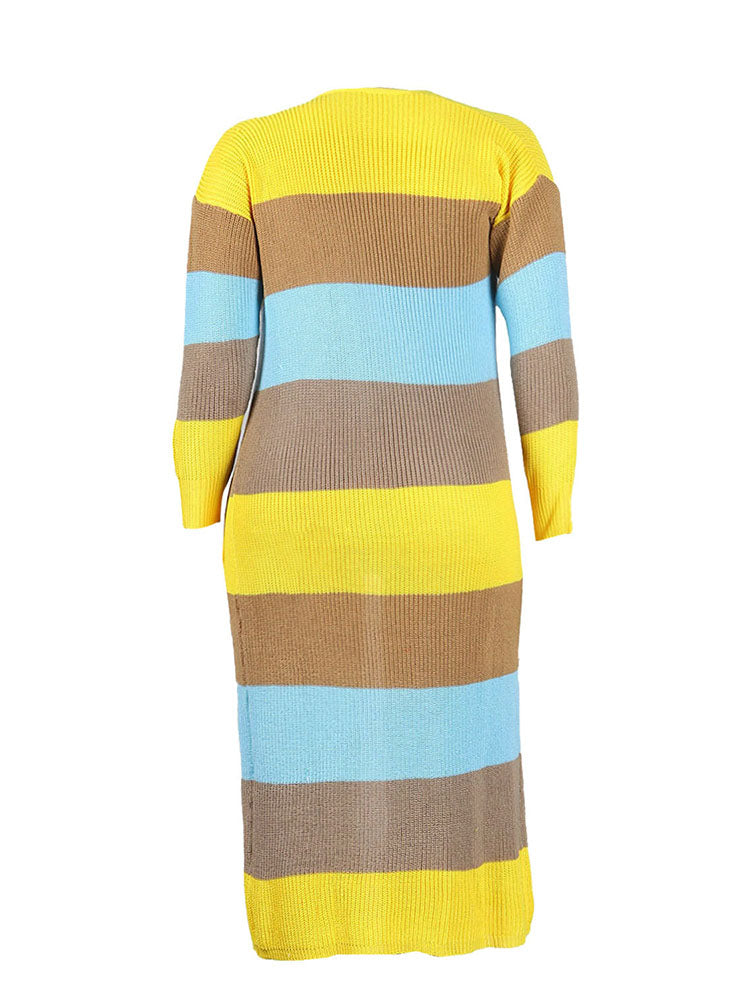 Aovica-Plus Size Color Block Long Sleeve Sweater Cardigan
