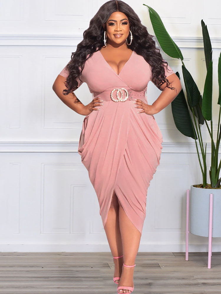 AOVICA-Plus Size Short Sleeve Ruched Bodycon Midi Dresses