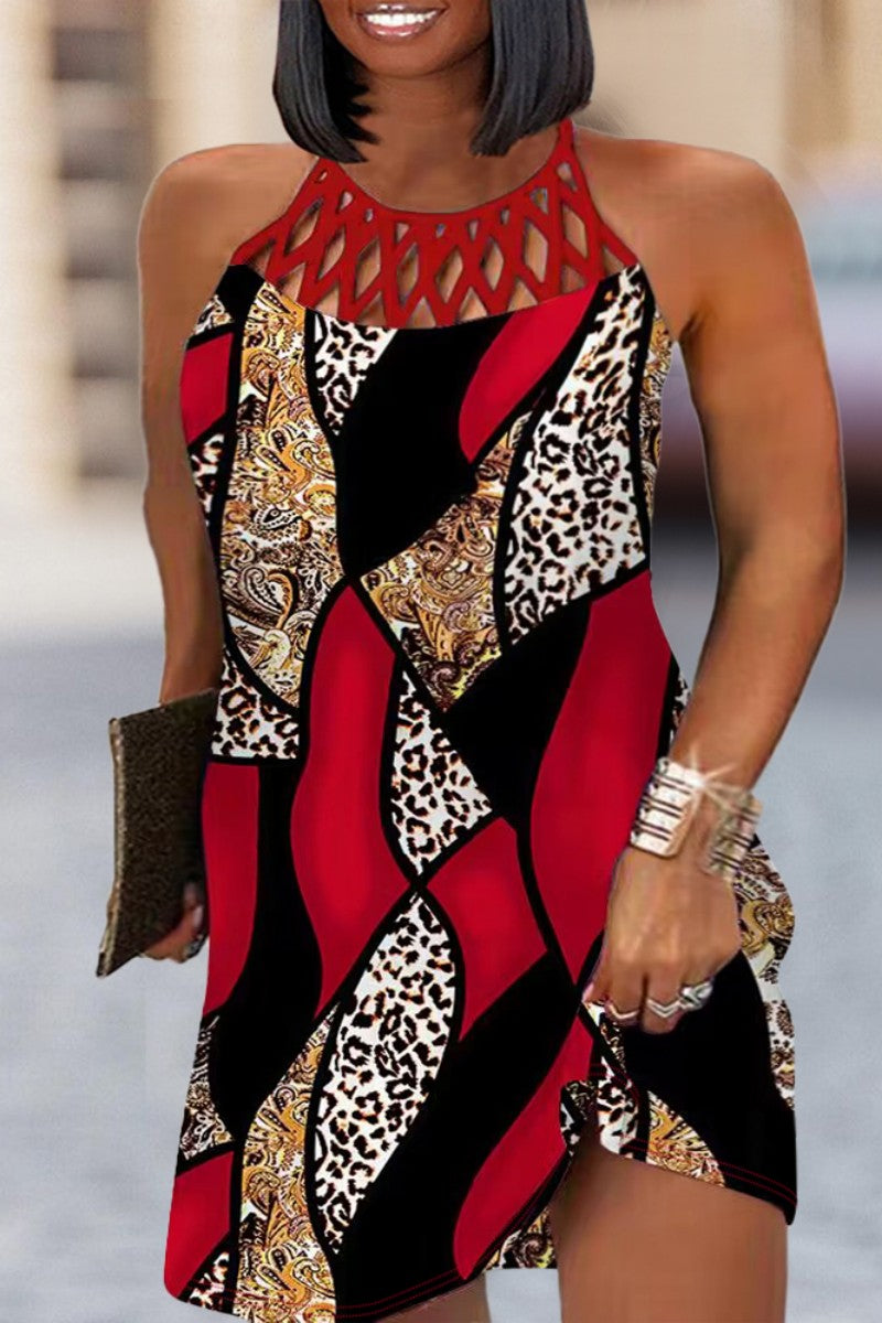Red Casual Print Hollowed Out O Neck Sleeveless Dress Plus Size Dresses