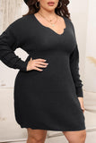 Black Casual Solid V Neck Long Sleeve Plus Size Dresses