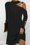 Aovica- Black Casual Solid Hollowed Out O Neck Long Sleeve Dresses