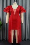 Red Sexy Formal Solid Patchwork V Neck Evening Dress Dresses