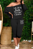 Black Plus Size Casual Letter Patchwork Draw String Printing One Shoulder Plus Size Two Pieces
