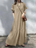 Aovica-A-Line Loose Solid Color Split-Joint V-Neck Maxi Dresses