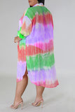 Pink Yellow Casual Plus Size Gradual Change Print Patchwork Turndown Collar Shirt Dress (Subject To The Actual Object )