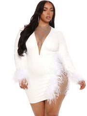 Aovica-Plus Size Long Sleeves Rhinestone Mini Dresses