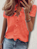 Aovica-Casual Short Sleeves Solid Color V-Neck Blouses