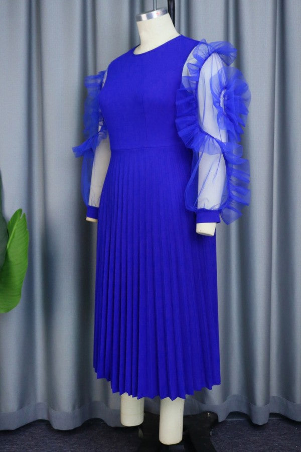 Aovica- Blue Casual Solid Patchwork Pleated O Neck Long Sleeve Dresses