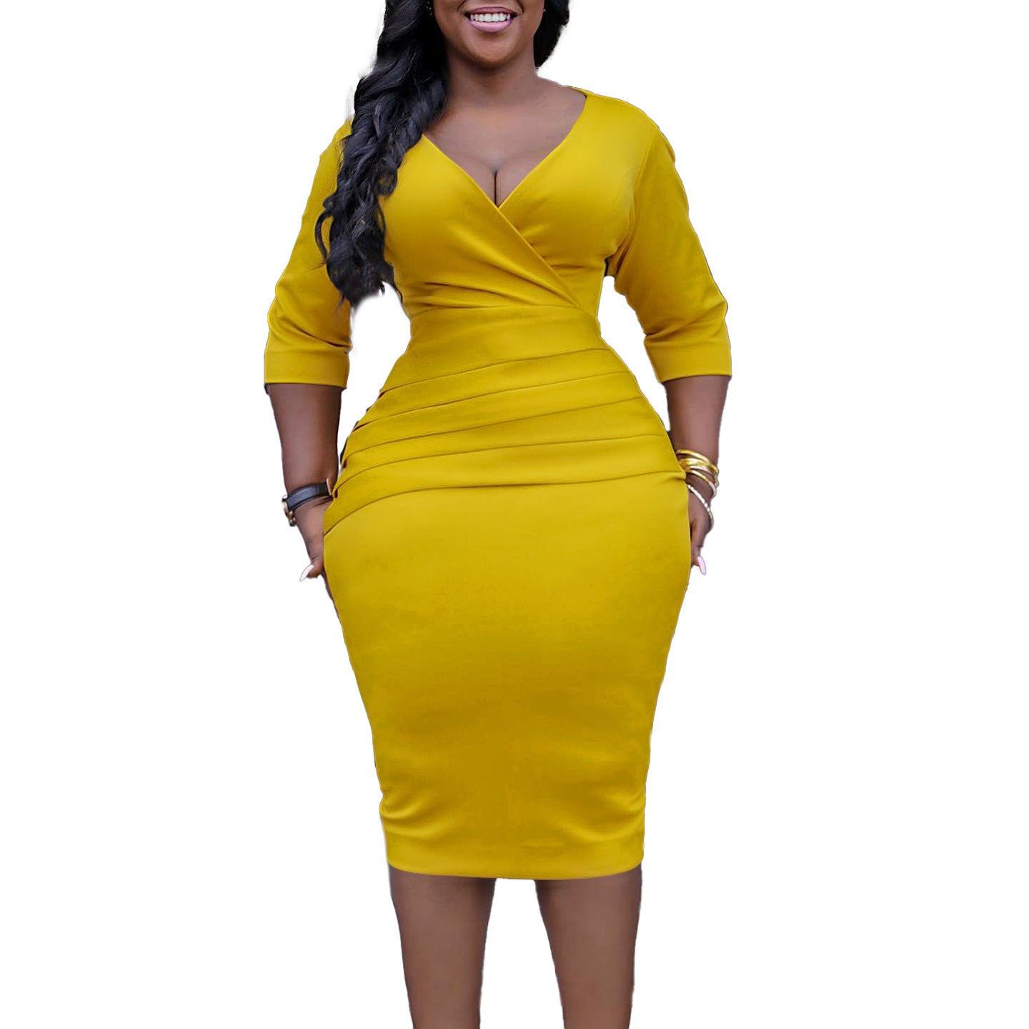 AOVICA-Women's V Neck Chic Bodycon OL Career Africa Plus Size Dress