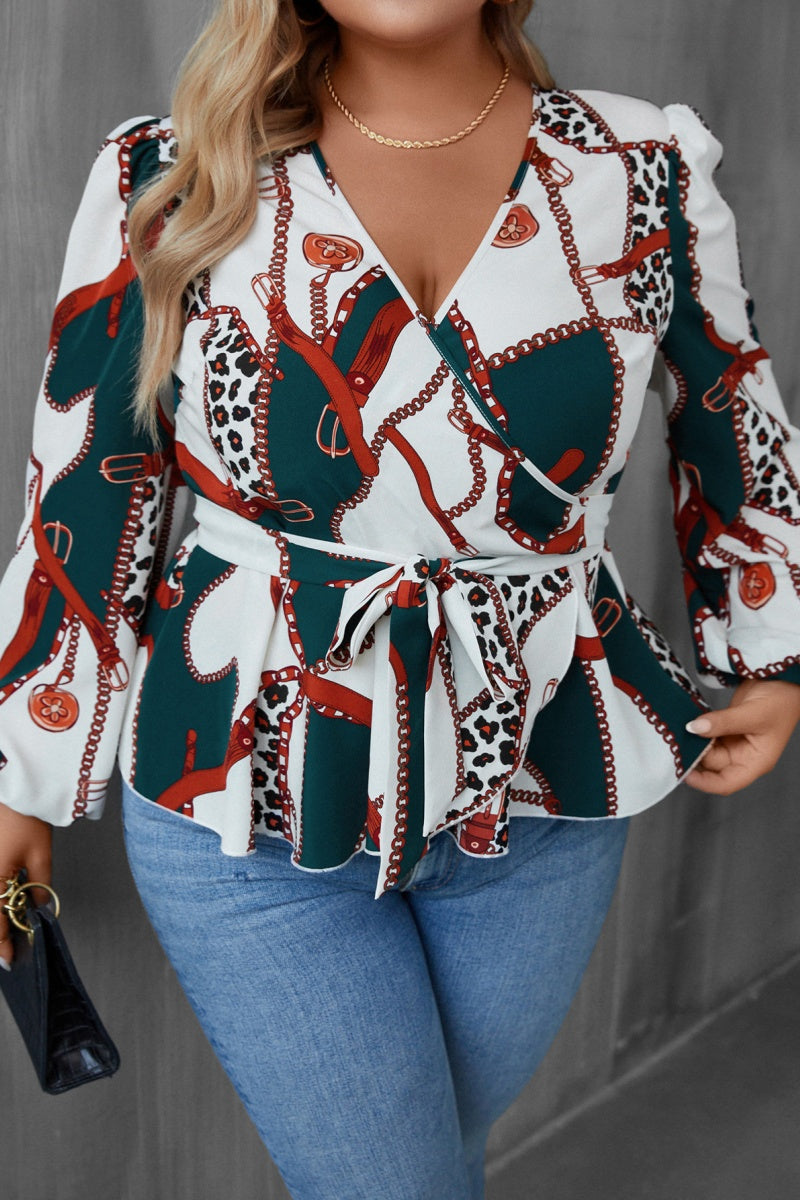 Aovica-Casual Print Patchwork V Neck Plus Size Tops
