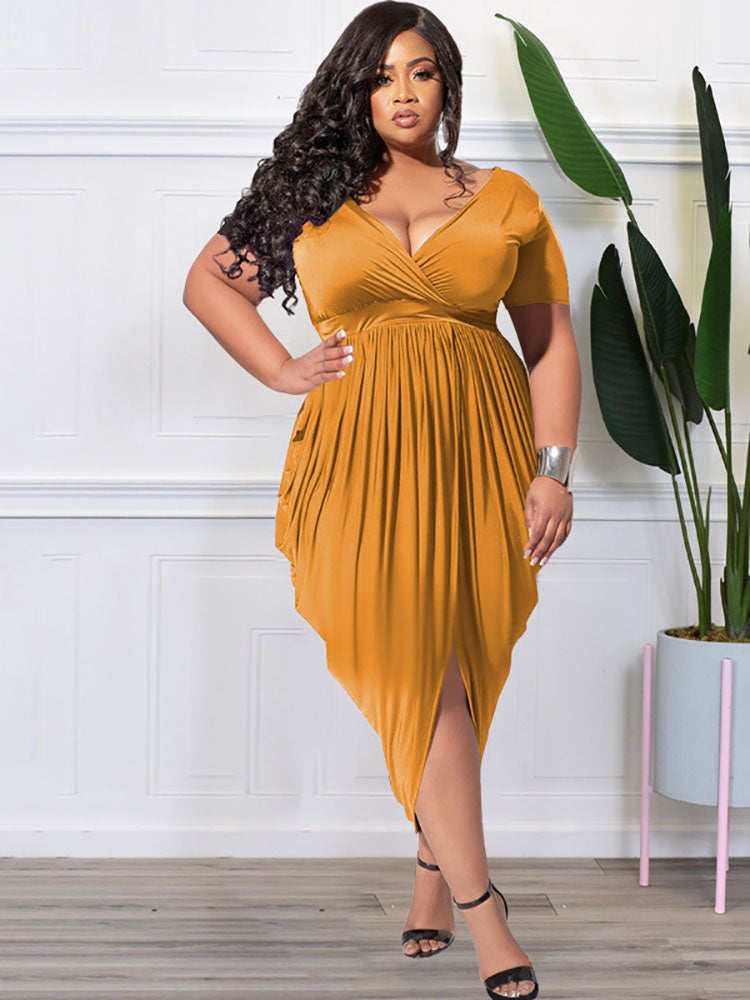 AOVICA-Plus Size Short Sleeve Ruched Bodycon Midi Dresses