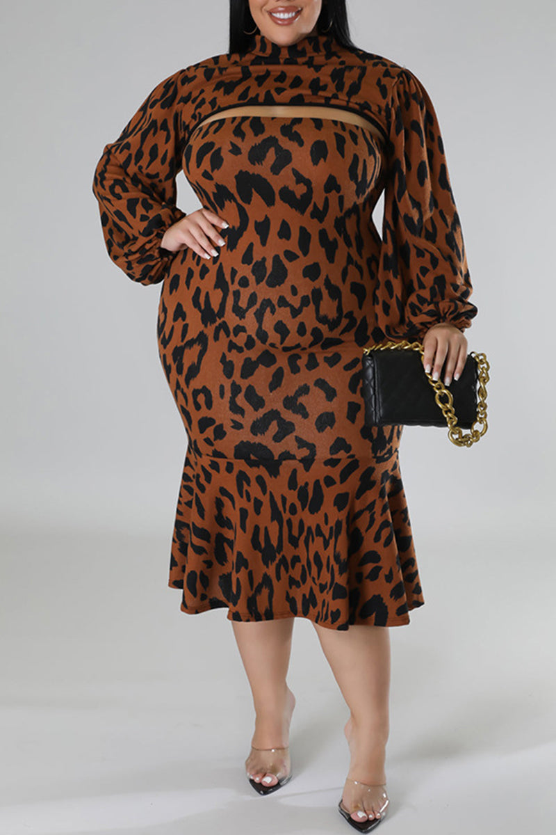 Blue Sexy Casual Print Leopard Hollowed Out Turtleneck Plus Size Two Pieces