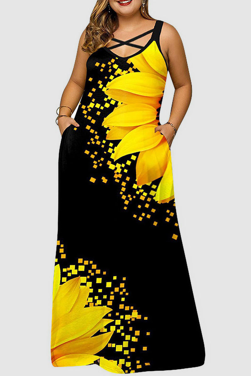 Black Yellow Casual Print Backless Spaghetti Strap Long Dress Dresses