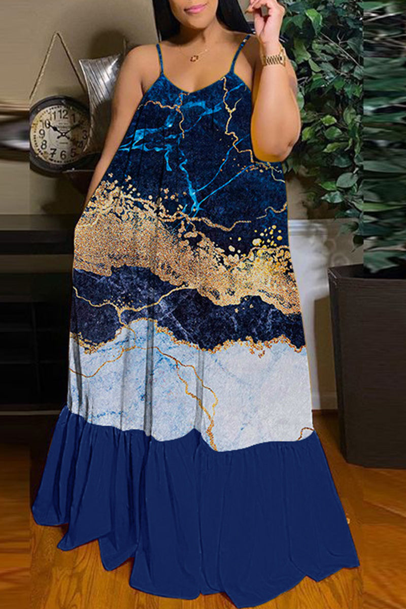 Dark Blue Sexy Casual Print Backless Spaghetti Strap Long Dress Dresses