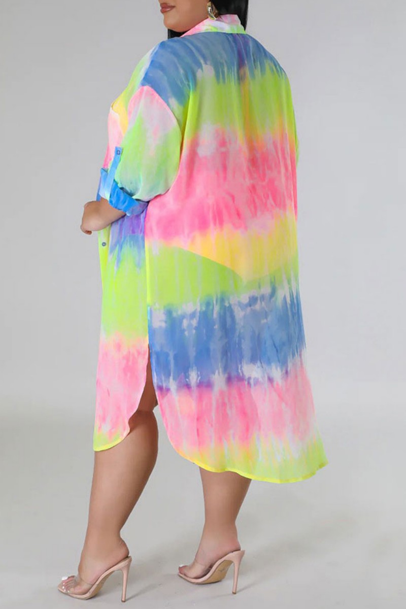 Pink Yellow Casual Plus Size Gradual Change Print Patchwork Turndown Collar Shirt Dress (Subject To The Actual Object )