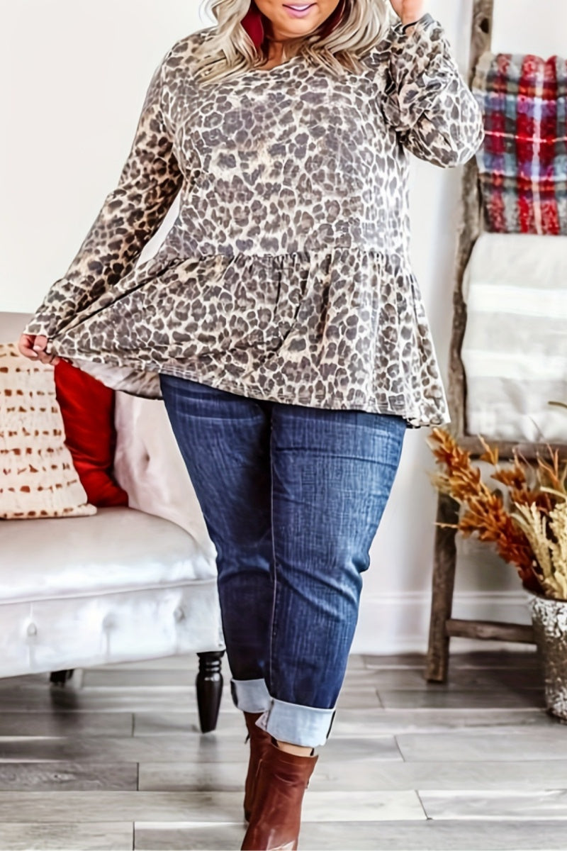 Aovica-Casual Print Leopard Patchwork O Neck Plus Size Tops