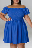 Aovica-Blue Casual Sweet Solid Patchwork Fold Off the Shoulder A Line Plus Size Dresses