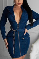 AOVICA Blue On-trend Zipper Denim Mini Dress