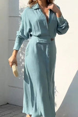 Aovica- Sky Blue Work Elegant Solid Solid Color Shirt Collar Shirt Dress Dresses