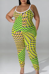 Yellow Plus Size Casual Street Gradual Change Striped Patchwork With Belt Printing Spaghetti Strap Plus Size Two Pieces