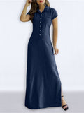 Aovica-High Waisted Plus Size Buttoned Pockets Split-Side Lapel Maxi Dresses