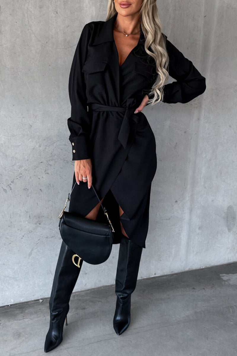 Aovica- Black Elegant Solid Frenulum Turndown Collar Irregular Dress Dresses