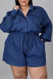 Blue Casual Solid Patchwork Turndown Collar Plus Size Romper