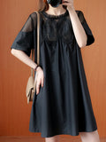 Aovica-Original Solid Lace Split-Side Short Sleeve A-Line Mini Dress